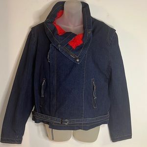 Focus Lifestyle Dark Wash Denim Moto Jacket Red Lined Biker Style Size 16